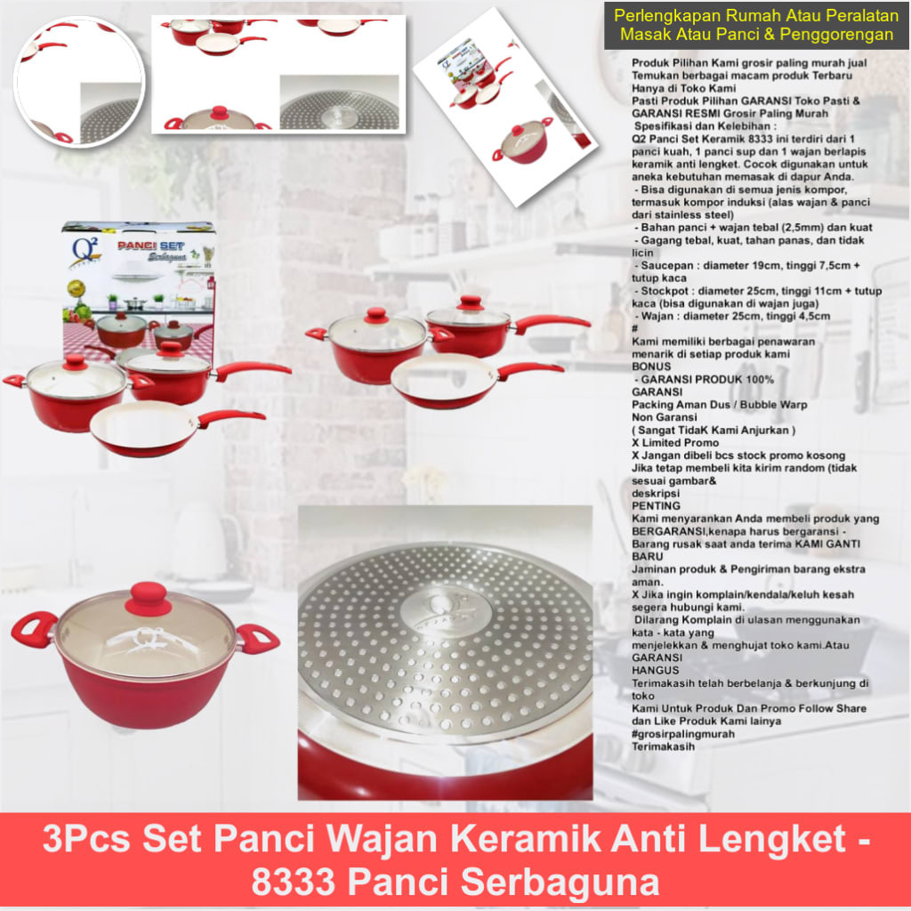 3Pcs Set Panci Wajan Keramik Anti Lengket - 8333 Panci Serbaguna