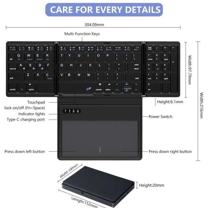 WW UNIVERSAL WIRELESS SLIM FOLDING KEYBOARD WITH TOUCHPAD WIRELESS KEYBOARD FOLDABLE PORTABLE WITH T