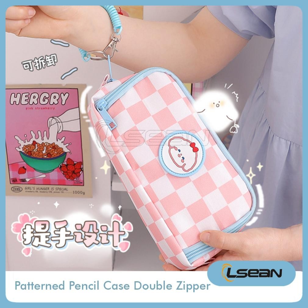 

Lnb-1217 Pencil Case Korea Checkered Cute Bear Multifungsi Pouch Dual Zipper Depan Belakang Cuci Gudang