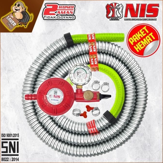 Paket Hemat Nis Selang Gas Lapis Baja + Regulator Robot (Ni 0307 S)