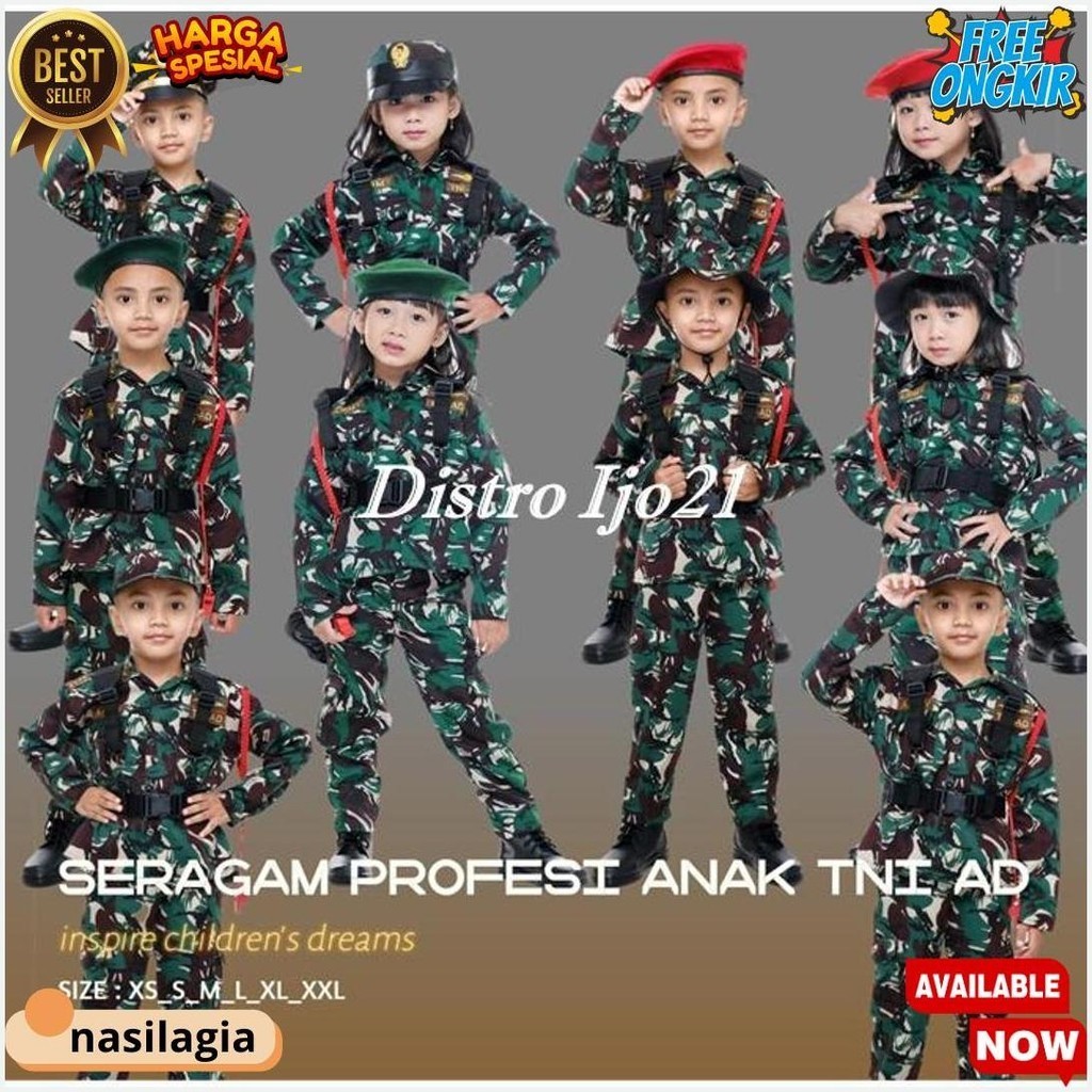 PROFESI ANAK POLISI TNI LORENG TOPI RIMBA KOMPLIT PAKE SEPATU DAHRIM KOPEL SERAGAM ANAK TNI LORENNG 