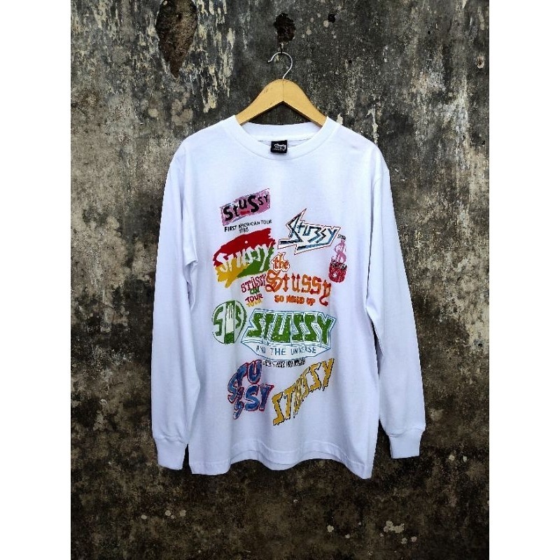 Stussy Logo On Tour And The Universe White Tee Tshirt Long Sleeve Original Size L