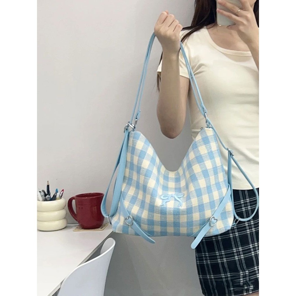 Tas Ransel Wanita Kapasitas Besar, Tas Tote Selempang Bahu Kotak-kotak Simpul Kupu-kupu Kapasitas Be
