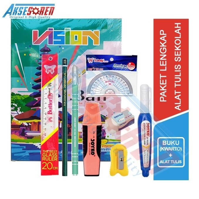 

Original Paket Alat Tulis Sekolah Anak [ Tk / Sd / Smp / Sma ] / 1 Set Alat Tulis Sekolah / Perlengkapan Alat Tulis Buku 58 Lembar / Buku Tulis 38 Rautan Pensil P-88 Pulpen Jel Jk-100Nt Penghapus Kecil Tipe X Highlighter Joyko 2Er-54