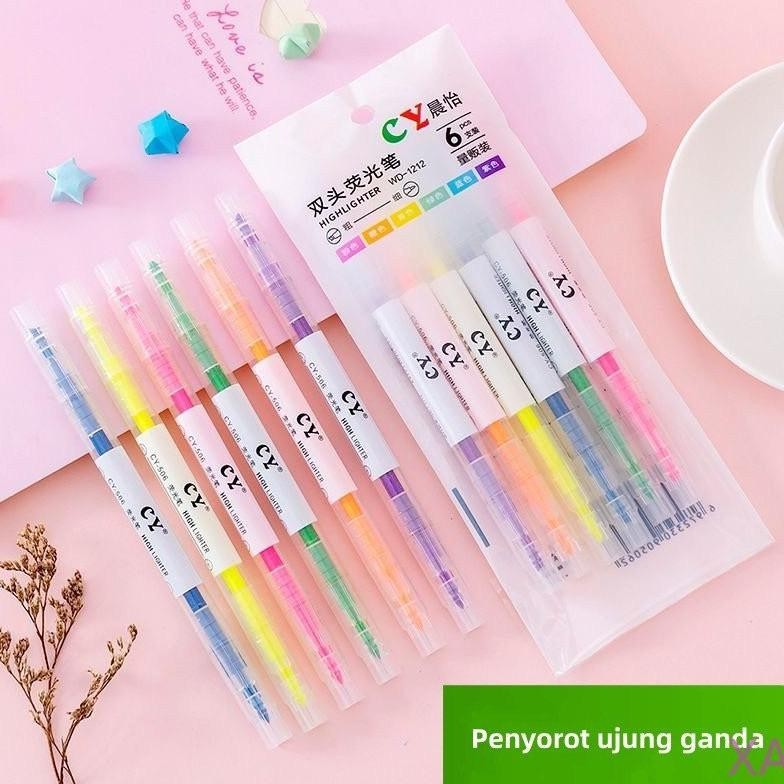 

gd-324 Stabilo Warna - Warni 2 Sisi / Highlighter Dua Sisi 1 set 6 pcs / 6 Warna Sale