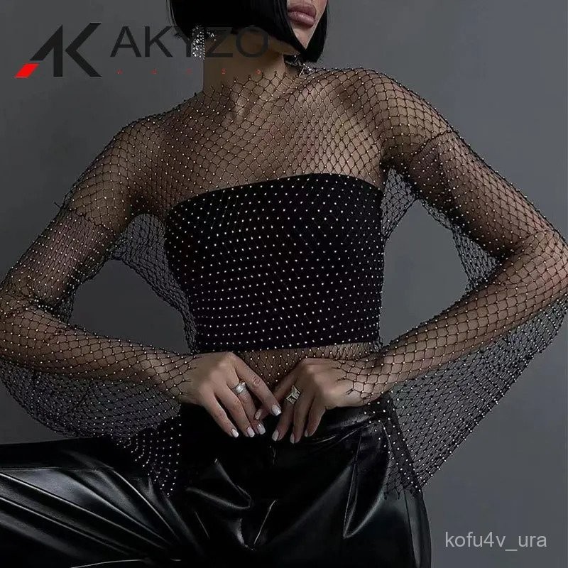 Women Sexy Mesh See Through T Shirt Shiny Rhinestone Y2K Fishnet Hollow Out Crop Top Long Sleeve Bea