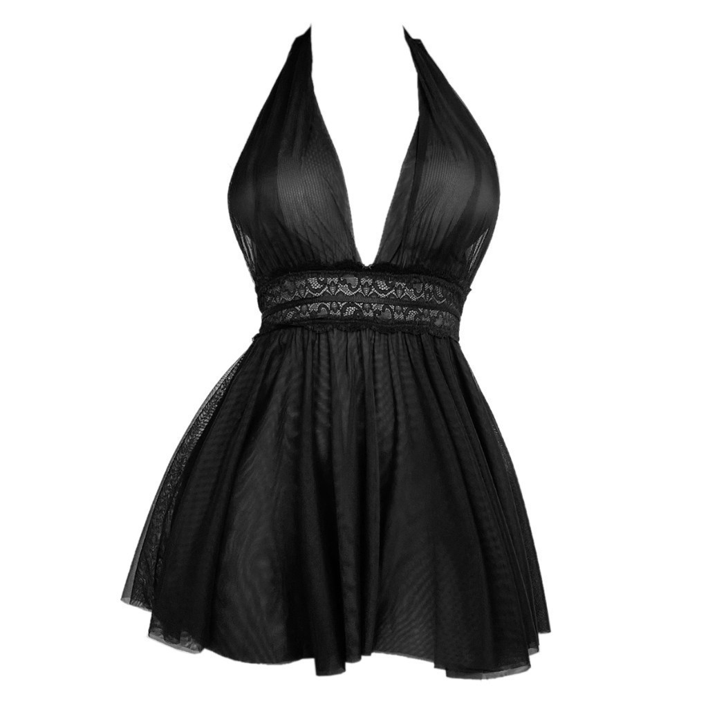 L1302 Baju Tidur Daster Pendek Seksi Sleepwear Midi Dress Halter Hitam Transparan