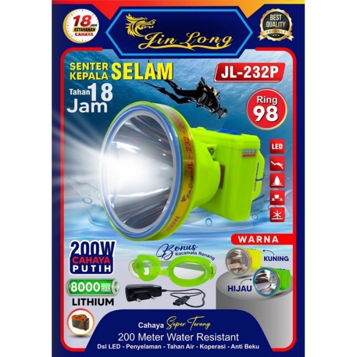 SENTER KEPALA SELAM LED JIN LONG JL-232P 200W - CAHAYA TERANG