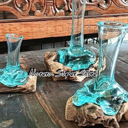 Vas Bunga C 15 Cm Kaca Tiup Alas Akar Kayu Ekonos Natural