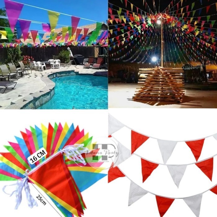 

Terlaris ( PACK 50 MTR ) bendera segitiga merah putih / umbul umbul karnaval HUT RI aguatus kain
