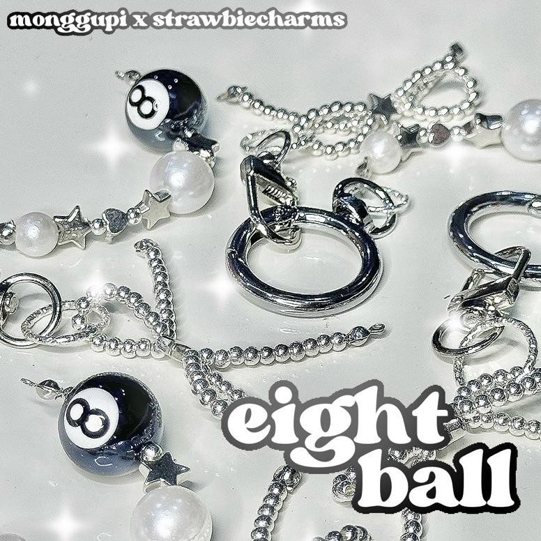 Lnb-1217 [ Monggupi ] Eight Ball Billiard Metallic Chrome Beads Double Keyring Coquette Sale