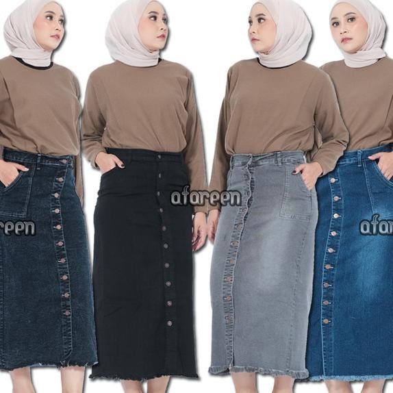 Rok Jeans Panjang Span Rok Denim Rawis Rok Jeans Kancing Depan Stretch