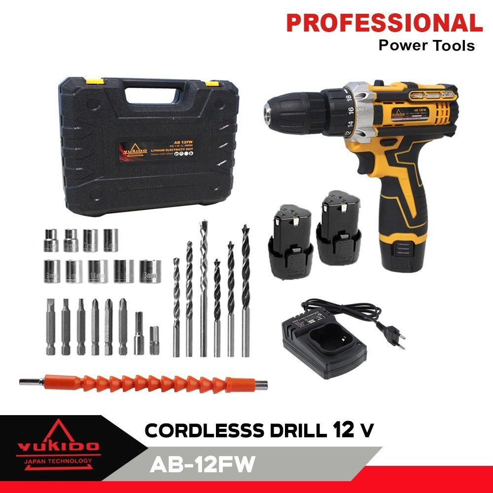 Original Yukido 12V-Set Koper Bor Obeng Bor Baterai 12 Volt Cordless Drill Full Mata Shock Obeng Dan