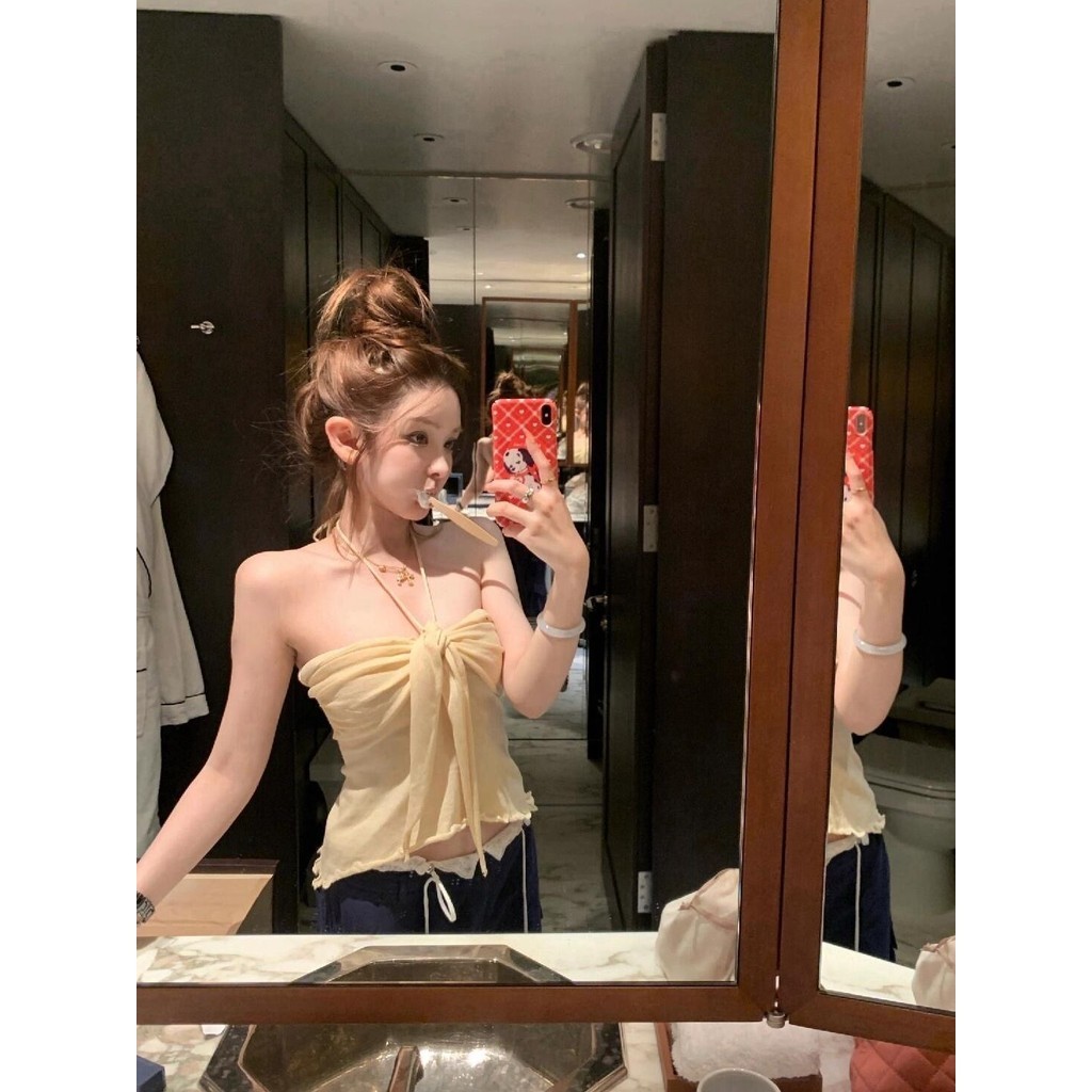 [Cream Winnie]Atasan tabung rajutan tali busur wanita dengan tali ikat leher halter seksi