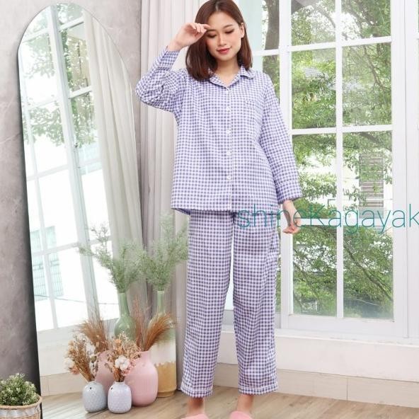 Baju Tidur Piyama Korea Lengan Panjang Katun Jepang - Motif Kotak 8007