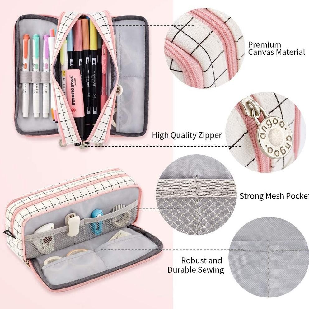 

gha-68 Angoo Kawaii Large Capacity Pencil Case 3 Compartment Pouch Pen Bag Double Side Opening Student Stationery Organizer School Supplies Murah