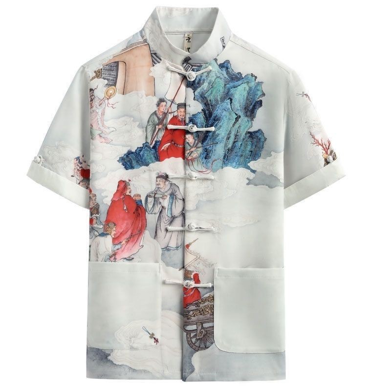 Chinese God of Wealth Vintage Buckle Ethnic Shirt Men