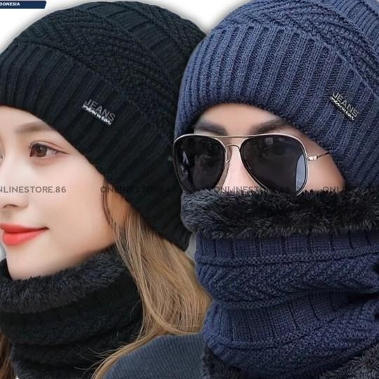 Topi Kupluk Syal Set Pria Wanita Kupluk Winter Thermal Hangat Salju