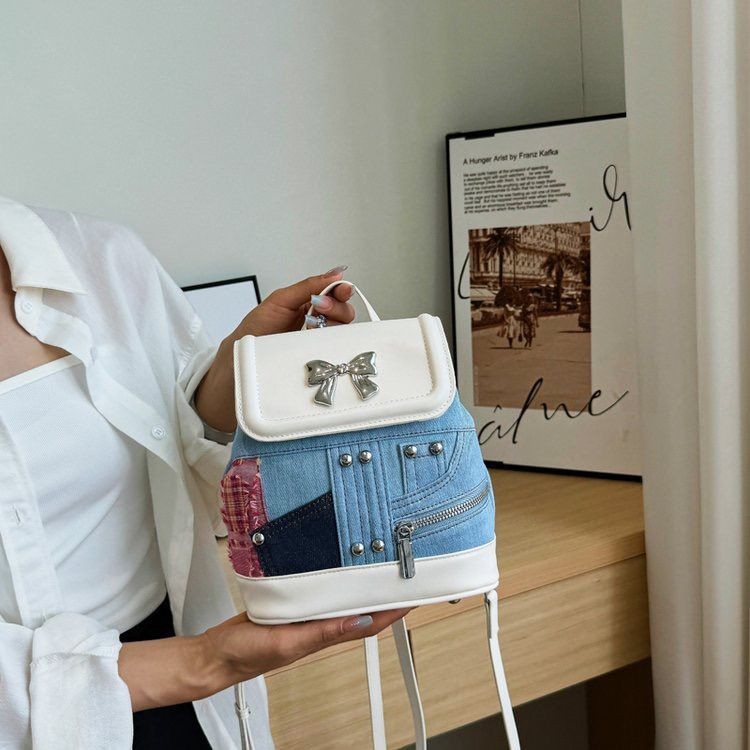 Ransel Denim Perca Kontras Wanita, Ransel Kasual Cocok untuk Semua