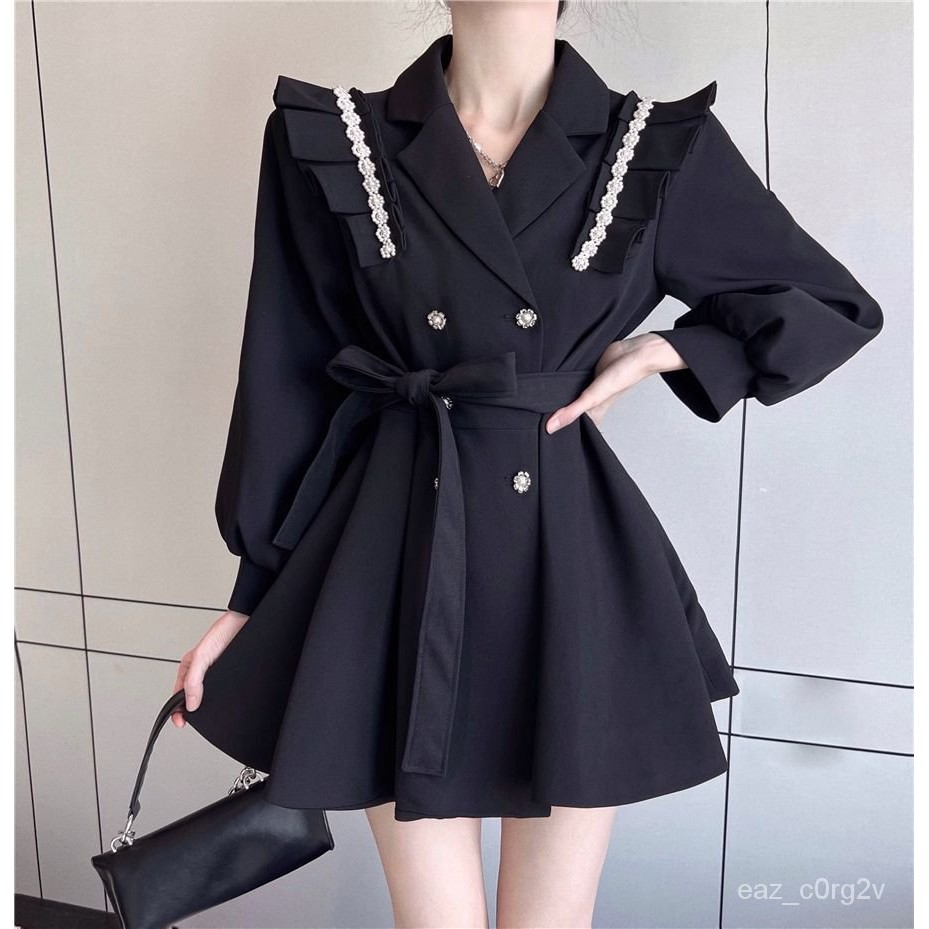 Gaun Mantel Panjang Menengah Wanita, Jaket Penahan Angin Industri Berat Kerah Jas Gaya Korea Musim S