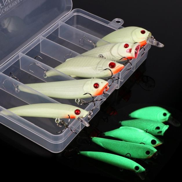 

5Pcs Lure Umpan Ikan Menyala Dlam Gelap Vib Popper Crank Minnow Pencil