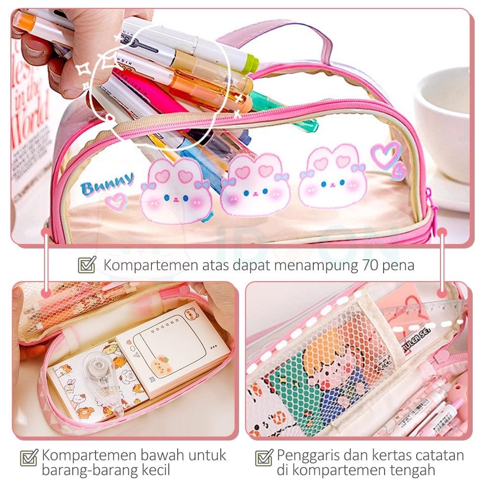

ter-98 IDOON Pencil Case Transparan Korea Tempat Pensil Besar Dua Lapis Kotak Pensil Tempat Pola Hewan Lucu Sale
