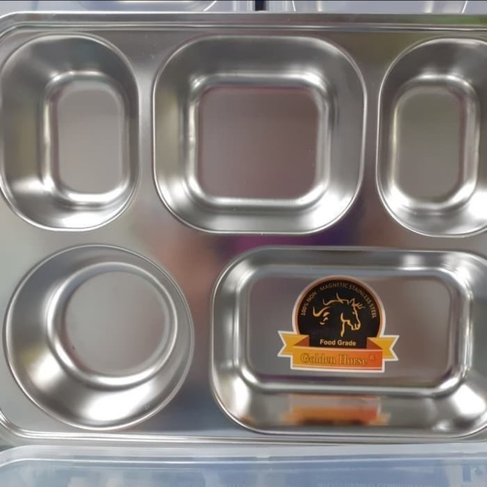 Plato / Food Tray / Tempat Makan Sekat 5 STAINLESS + Tutup Plastik