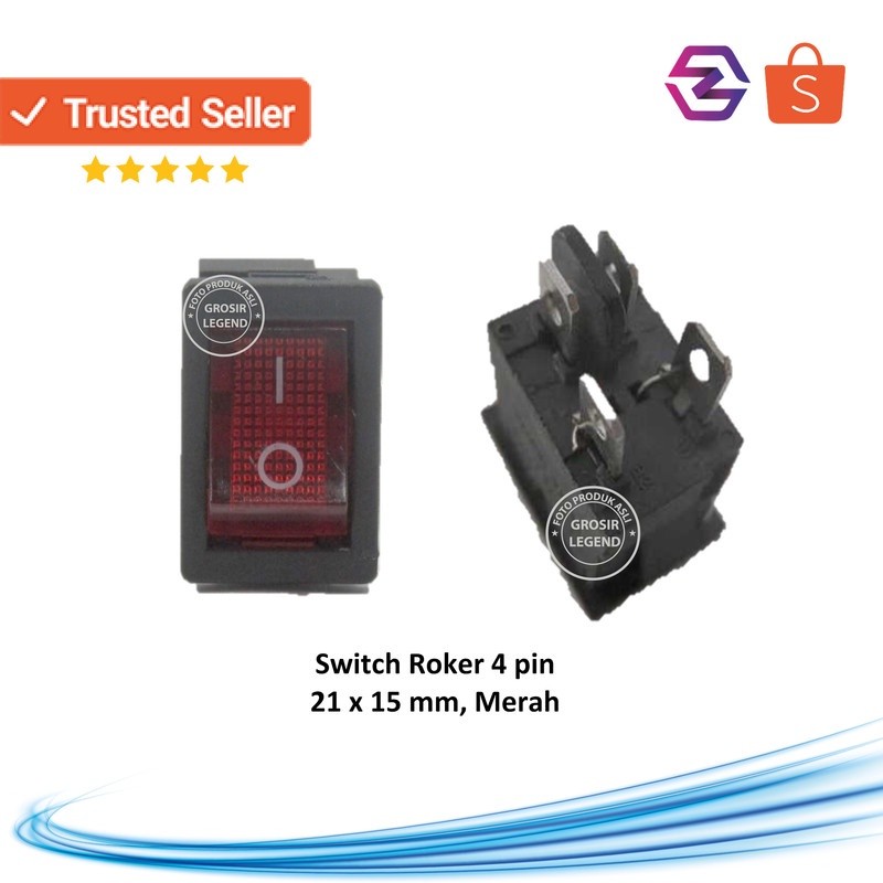 Push button on off 4 pin roker switch kotak kecil plus lampu merah