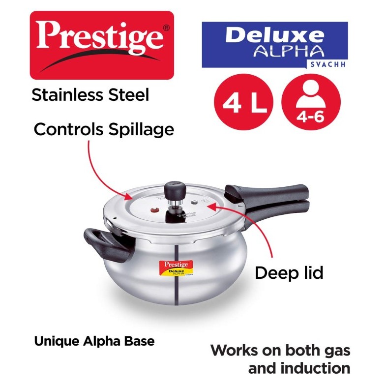 ] Pressure Cooker 4L PRESTIGE DELUXE ALPHA Svachh Stainless Steel