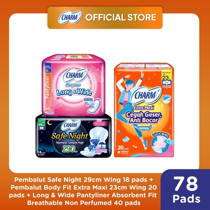 Charm Pembalut Safe Night + Body Fit + Charm Long & Wide Pantyliner