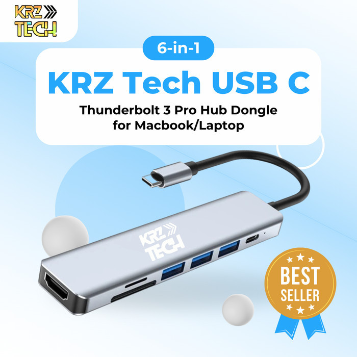 6 In 1 Krz Tech Usb C Thunderbolt 3 Pro Hub Dongle For Macbook/Laptop