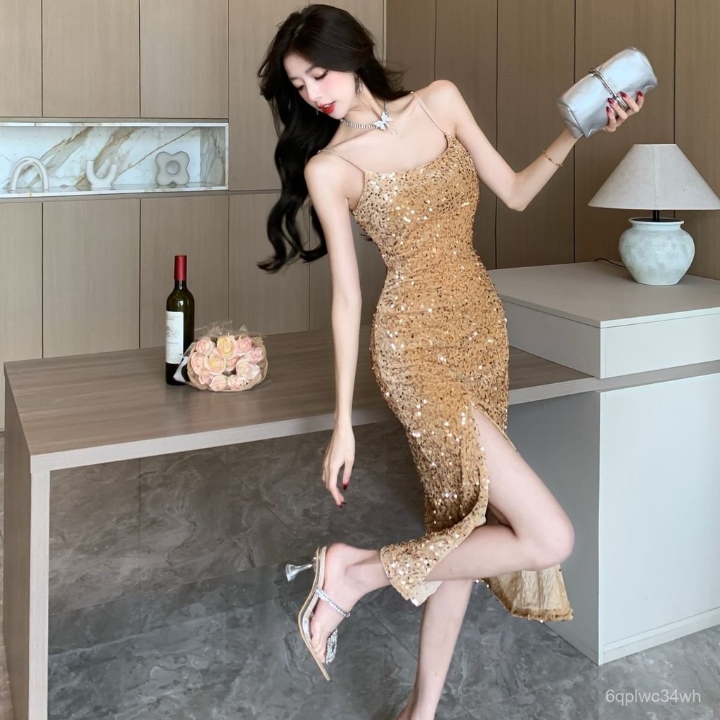 Gold Premium Sequin Sling Shiny High-EndpartyFormal Dress Dress Temperament Banquet Evening Gown