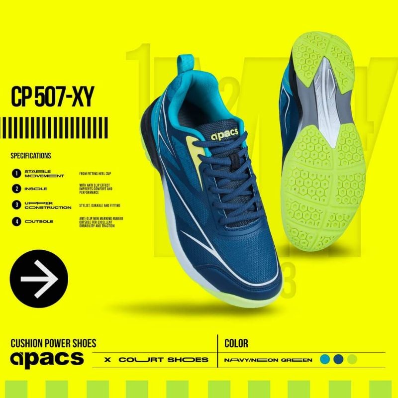 Sepatu Badminton APACS CP-507 XY NAVY NEON HIJAU |4C7A627F|