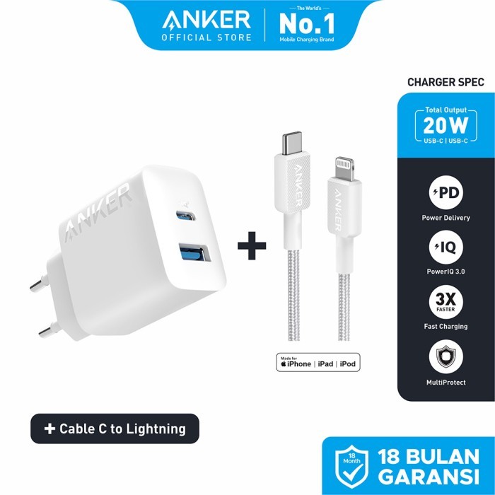 TERPERCAYA ANKER Charger for iPhone and Android Type C to Type C and To Lightning Fast Charging 20W