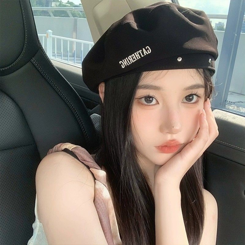 【COD】Baret Huruf Hitam Jepang untuk Wanita, Baret Bergaya Inggris Retro untuk WanitainsTopi Pelukis