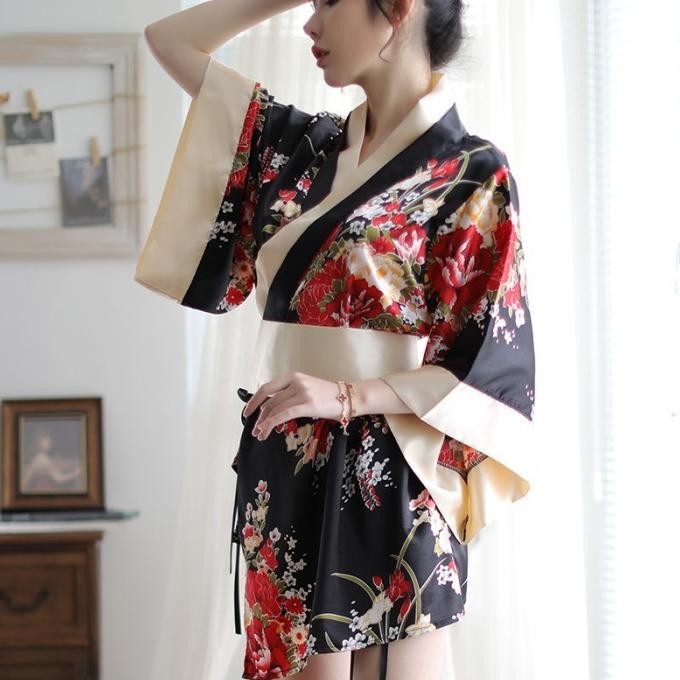 LI-86 mini kimono yukata hitam lingerie baju tidur seksi cosplay c