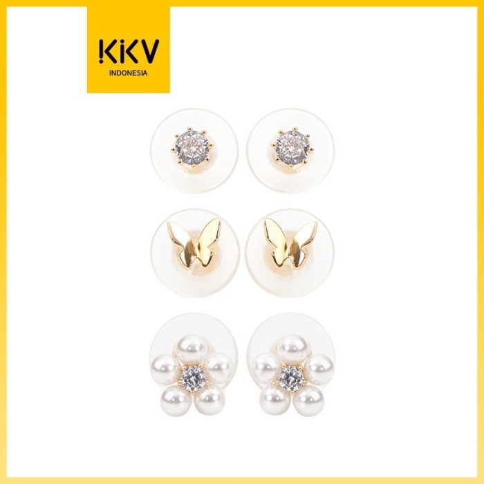 KKV Stud Earrings Anting Tusuk Wanita Sier Gold Aneka el Set 3pcs