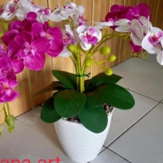 Bunga Anggrek#Anggrek Hias#Anggrek Plastik#Anggrek Kombinasi - Pot Putih