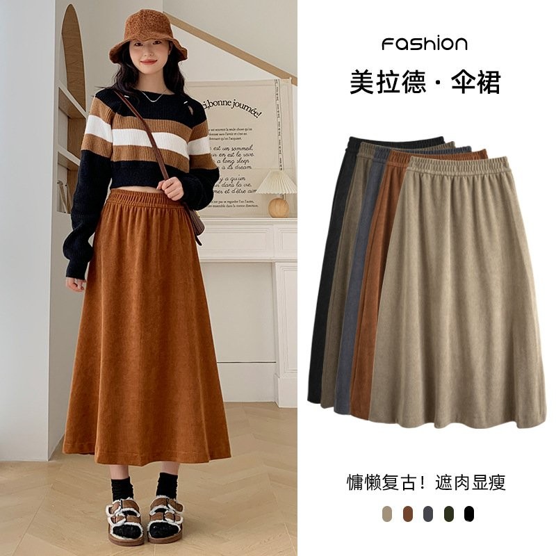 Rok Wanita Beludru Katun Eropa Baru Setengah Panjang JermanaRok Garis Pinggang Tinggi Rok Payung Ram