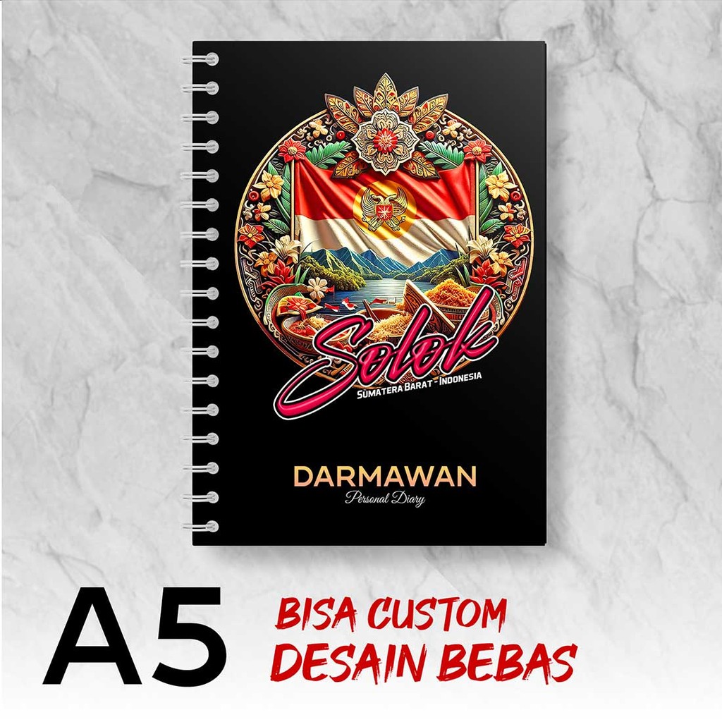 

Blocknote A5 Notebook Custom SOLOK - SUMATRA BARAT Desain Bebas - Spiral Kawat - ARSX1