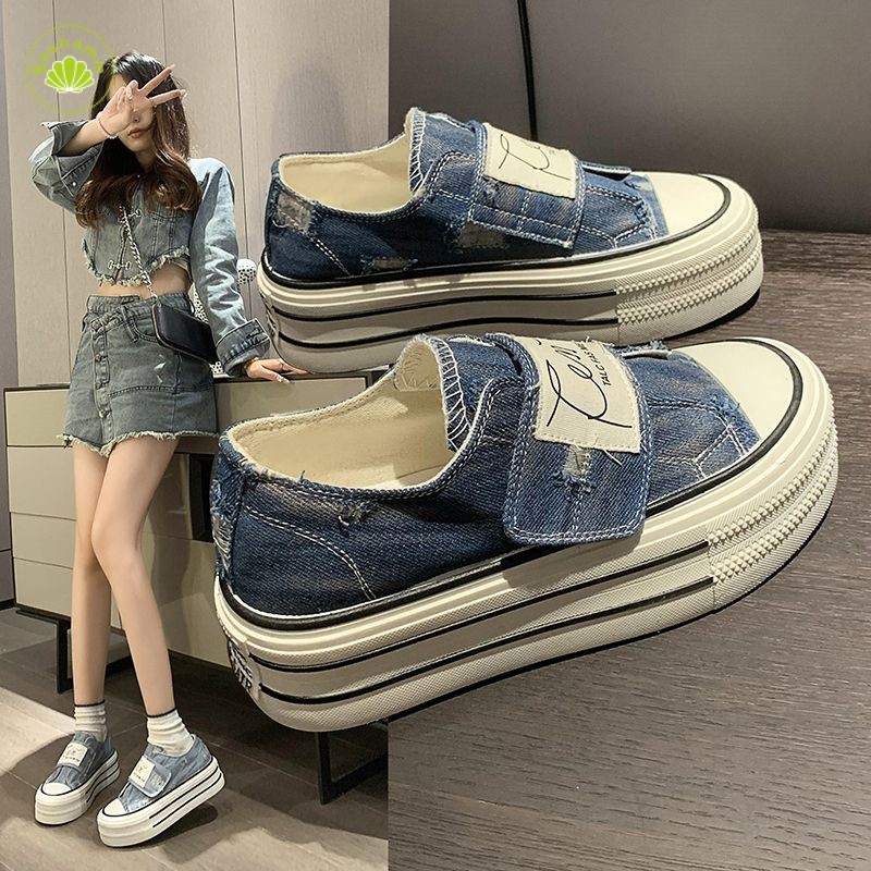 

Bashamm muffin bagian bawah tebal sepatu kanvas potongan tinggi denim tua retro gaya Hong Kong sepatu papan pelajar Harajuku gaya Korea trendi untuk wanita |F7640EAE|