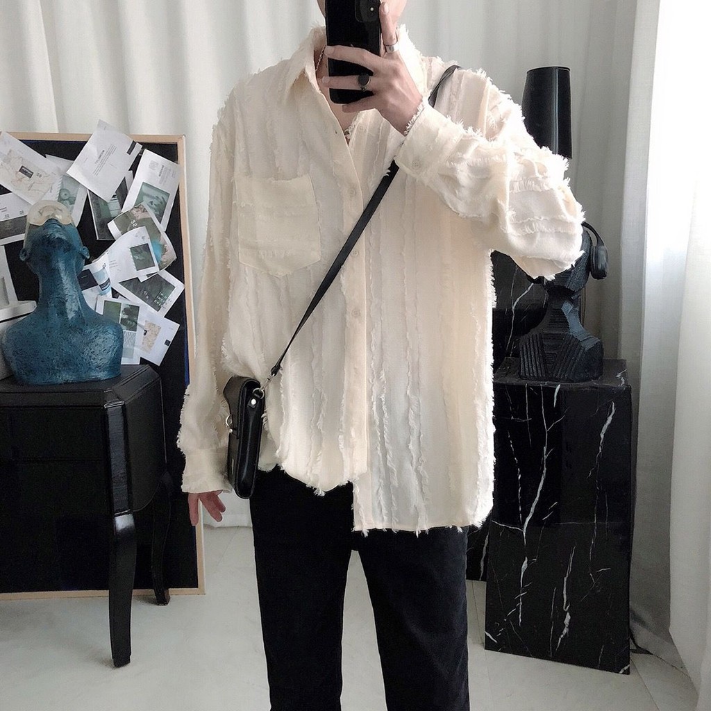 Kemeja Lengan Panjang Gaya Korea, Baju Kasual Rumbai Peri Longgar Trendi Kelas Atas