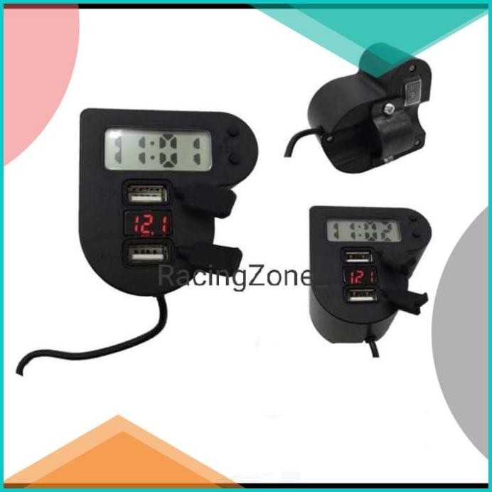 Voltmeter Charger Hp USB Jam Digital 3 in 1 Breaket Motor Dan Mobil 1