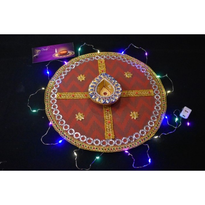 Bestseller Diwali Diya Round Maroon Mdf Wt Blue Clay Diya N Led Light N Gift Box