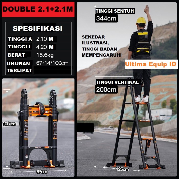 {GreenShop} tangga lipat teleskopik telescopic teleskop double aluminium alumunium - BAFEN 2.12.1 M 