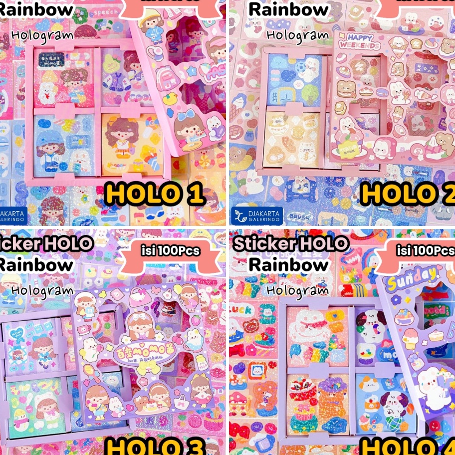 

[❦ O✉FU] Sticker MOMO Hologram Glitter Rainbow Mix Warna Original waterproof Stiker Kartun Korea Anti Air Original isi 100pcs- top.prooduk.