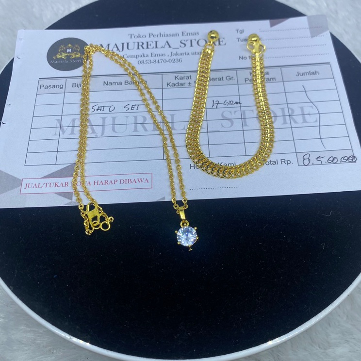 Produk terbaruZ5l5K Set Perhiasan Kalung Dan Gelang Emas Murni 17 gram Kadar 88,7 Free Surat dan dom