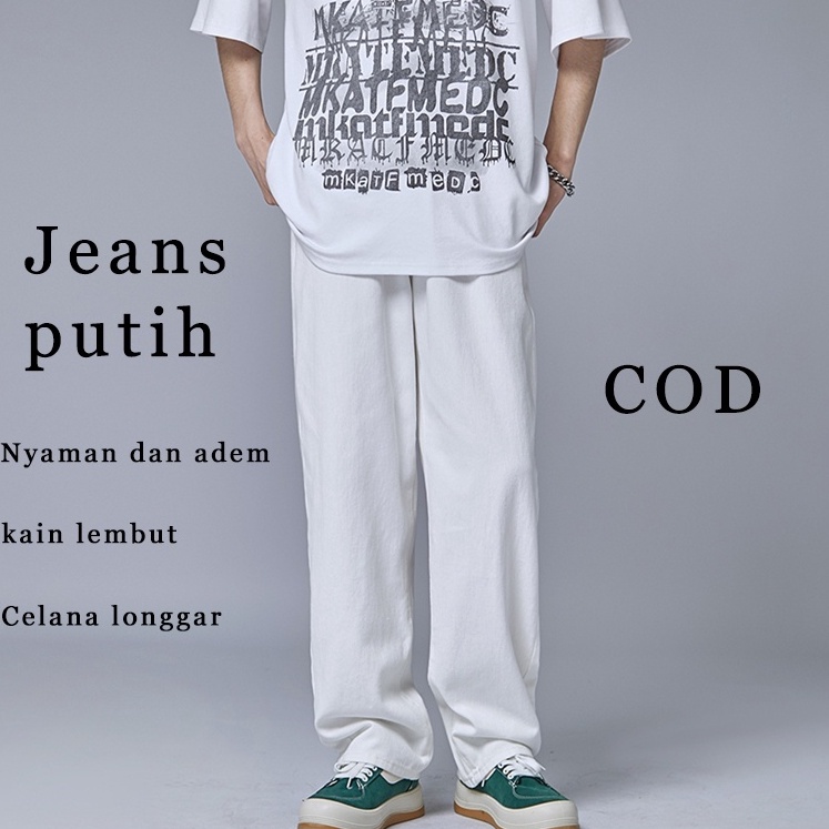 PALING DIMINATI Celana Jeans Pria Celana Panjang Putih Pria Korean Loose Pants Baggy Pants Boyfriend