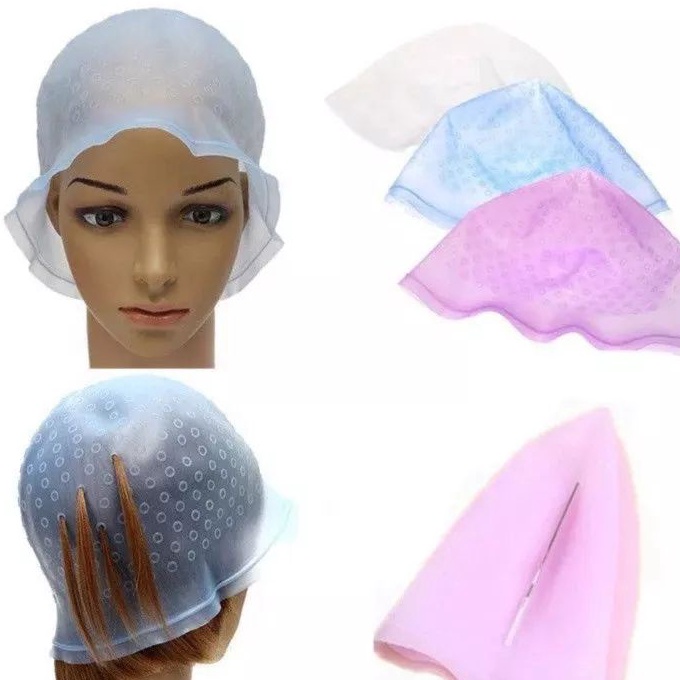 [H-C➛»L) topi semir rambut karet silicon cat rambut topi highlight topi warnai rambut topi blaching 