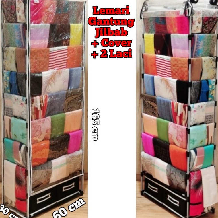 ★★★ P Lemari 9 Tingkat + 2 Laci Gantung Jilbab Penutup Cover Anti Debu Transparan Bening Rak Gantung